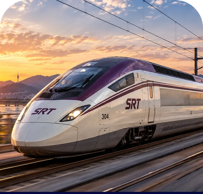 SRT high-speed train departing Suseo Station at sunset