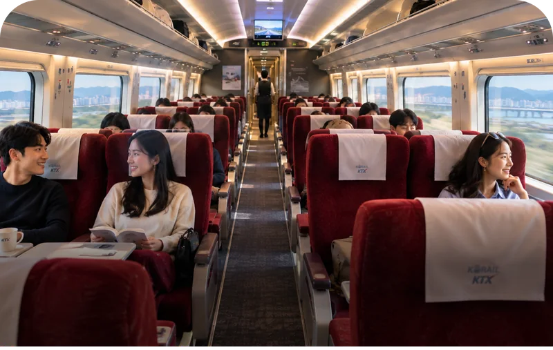 KTX first class cabin with wide maroon seats