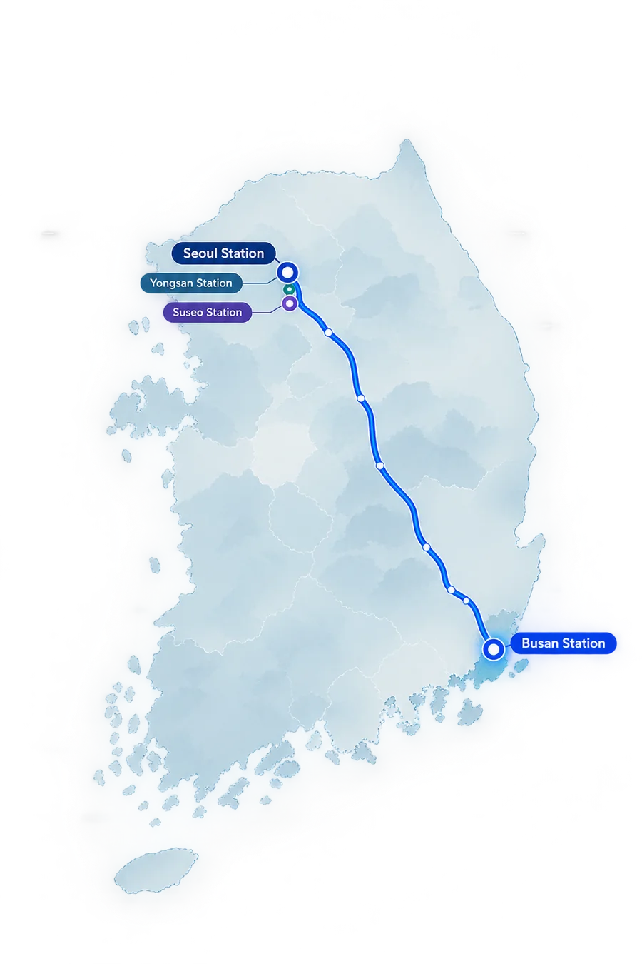 Map of the KTX and SRT high-speed rail route from Seoul to Busan, South Korea