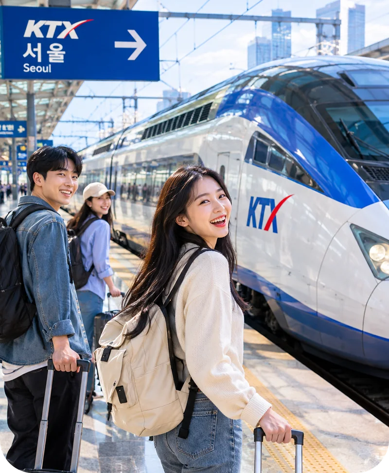 Travelers with luggage boarding a KTX train toward Seoul